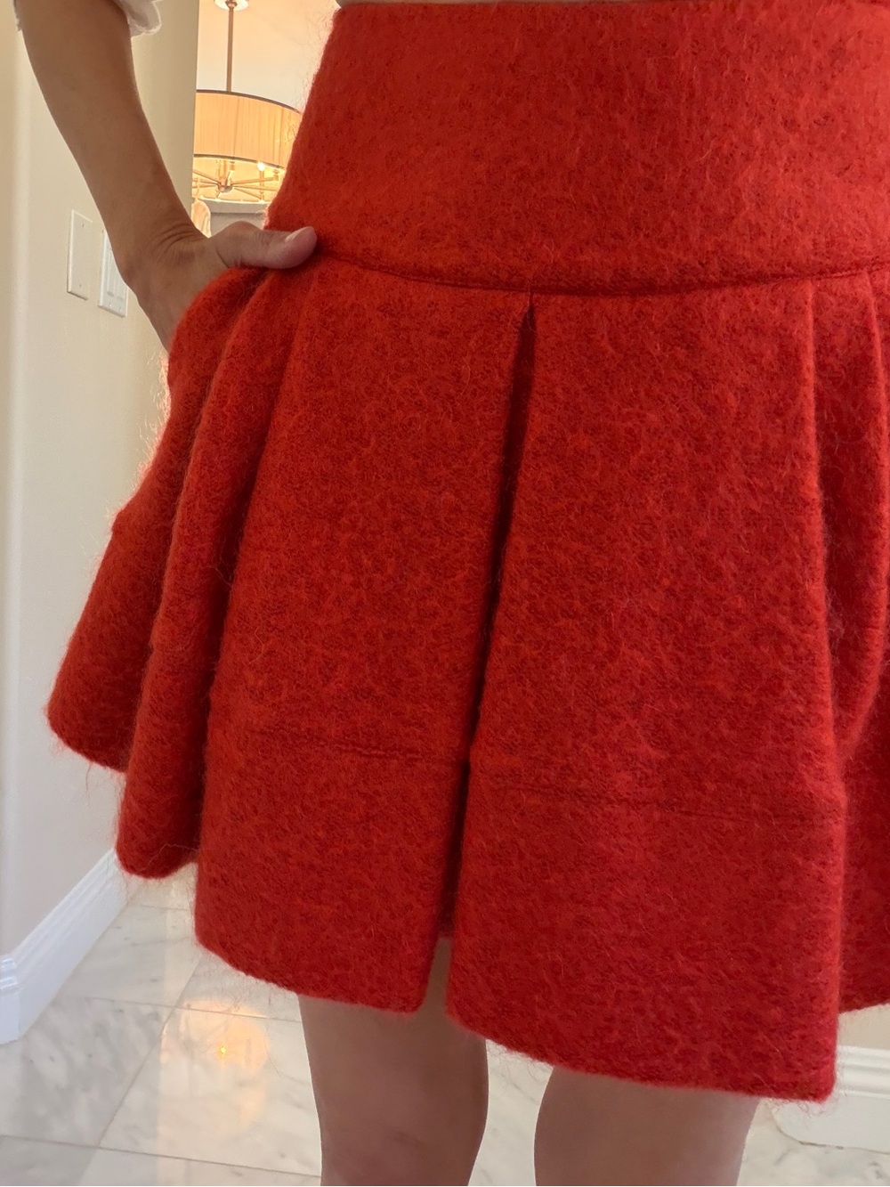 Marcus Lupfer Tomato Red Wool Mohair Pleated Mini Skirt